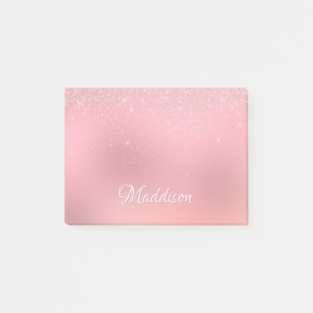 Bloco De Notas Girly Blush Pink Silver Glitter Nome Personalizado (Frente)