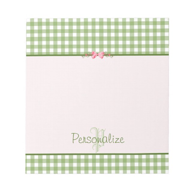 Bloco De Notas Girly Green Gingham Monograma Com Nome (Frente)