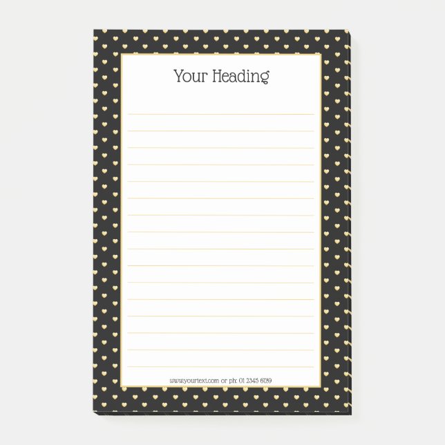 Bloco De Notas Girly Hearts Faux Gold Foil Black Patterno (Frente)