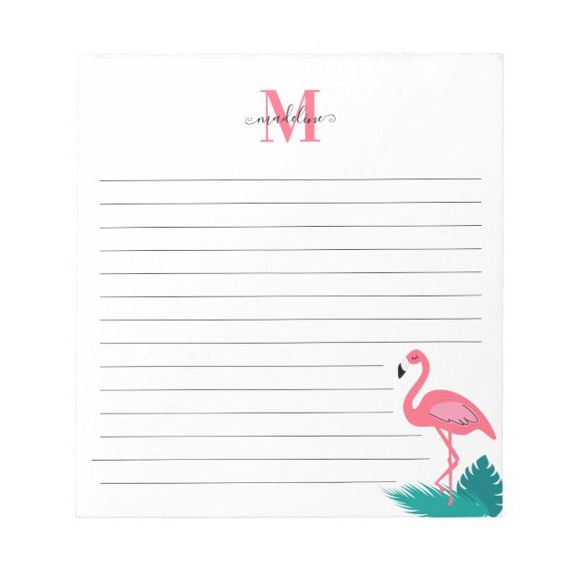 Bloco De Notas Girly Monograma Tropical Deixa Flamingo Rosa Linha (Frente)
