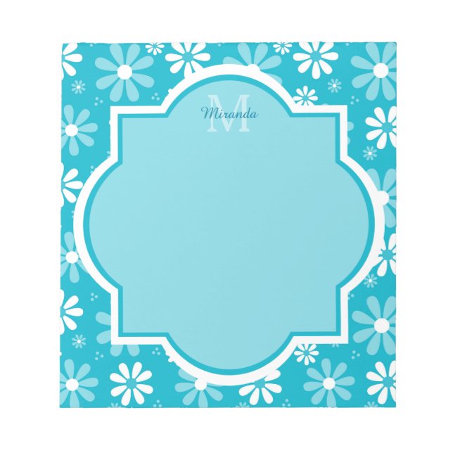 Bloco De Notas Girly Monogramas Turquoise Daisy Flowers Com Nome (Frente)