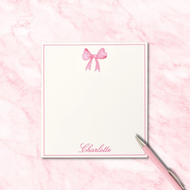 Bloco De Notas Girly Pink Bow (cute sweet pink girly coquette bow notepad, custom name in calligraphy script, stationery for her)