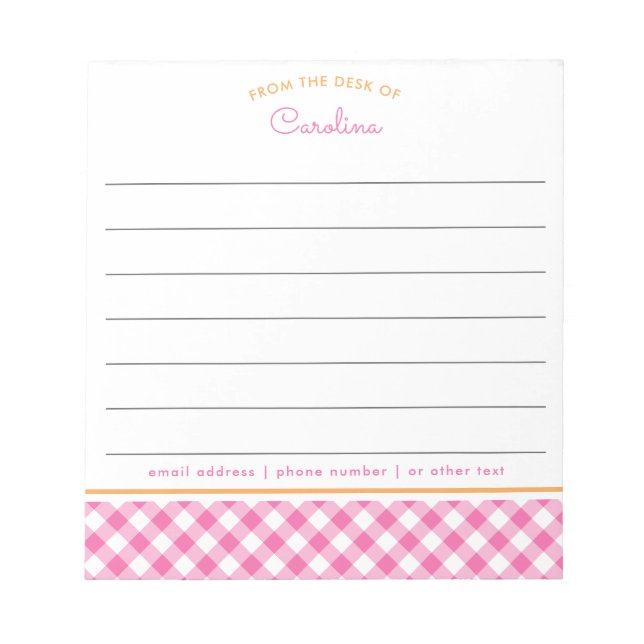 Bloco De Notas Girly Pink & Orange Script Gingham Lined (Frente)