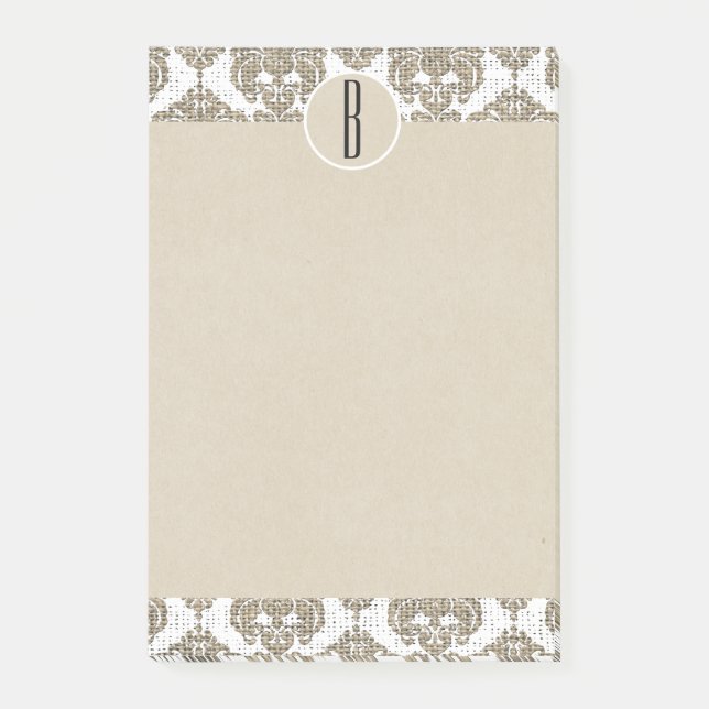 Bloco De Notas Glam Ruslap Damask Kraft Monograma Inicial (Frente)