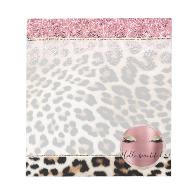 Bloco De Notas Glitzy Cor de rosa Leve Dourada Eyelashes Leopardo (Frente)