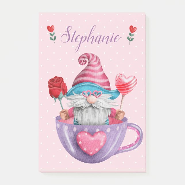 Bloco De Notas Gnomo Whimsical em Tea Cup Hearts & Flowers (Frente)