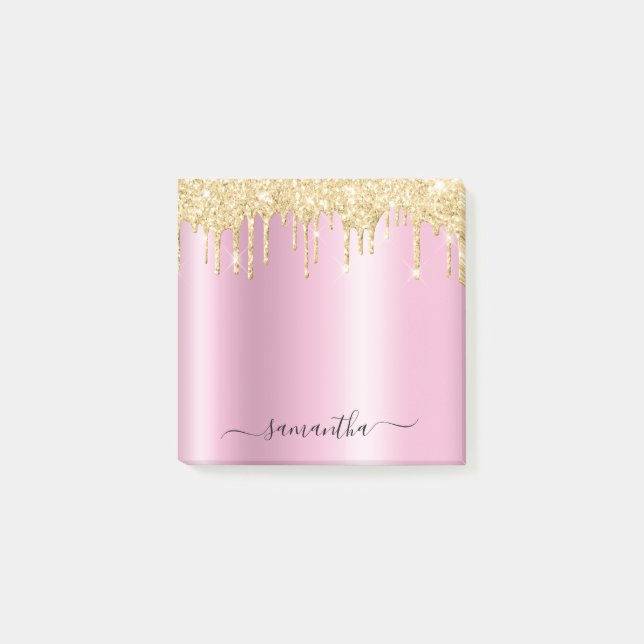 Bloco De Notas Gold Glitter Drips Pink Shimmer Glam Name (Frente)