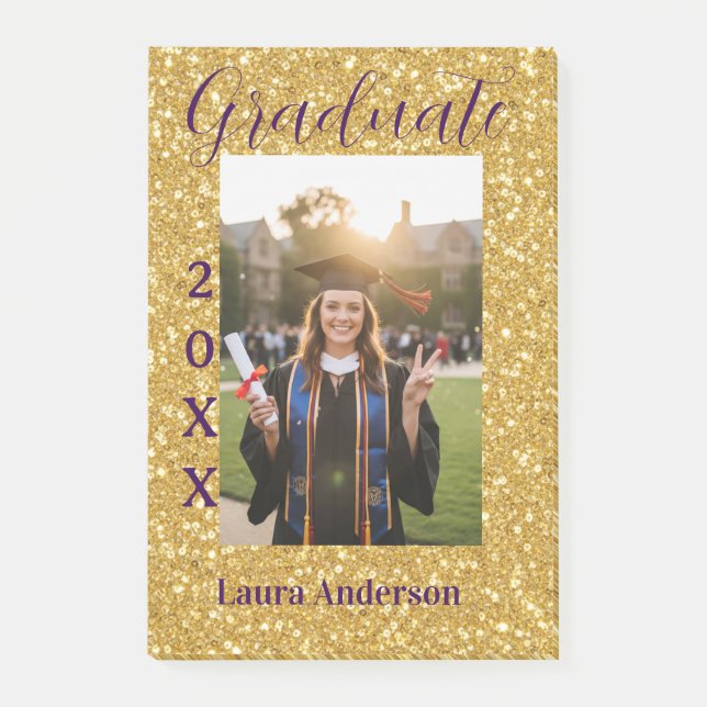 Bloco De Notas Gold glitter photo graduation add name class text (Frente)