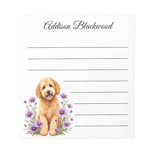 Bloco De Notas Goldendoodle Margaridas Roxas Personalizadas Lined (Frente)