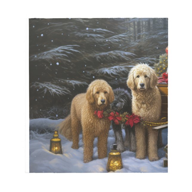 Bloco De Notas Goldendoodle Snowy Sleigh Decência de Natal (Frente)