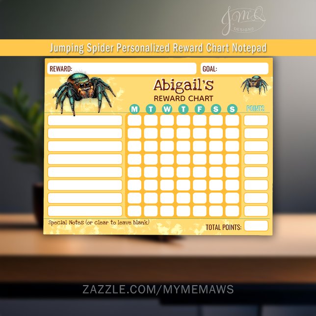 Bloco De Notas Gráfico de Recompensa Aranha Saltadora Tarefas Per (This playful jumping spider reward chart notepad helps kids stay motivated and on task.)