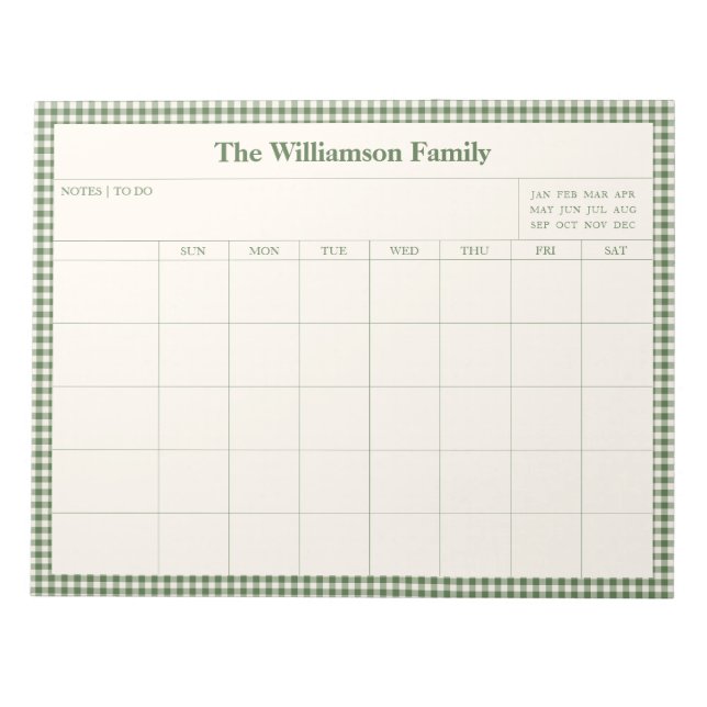 Bloco De Notas Green Gingham Plaid Month Family Planner Calendar  (Frente)