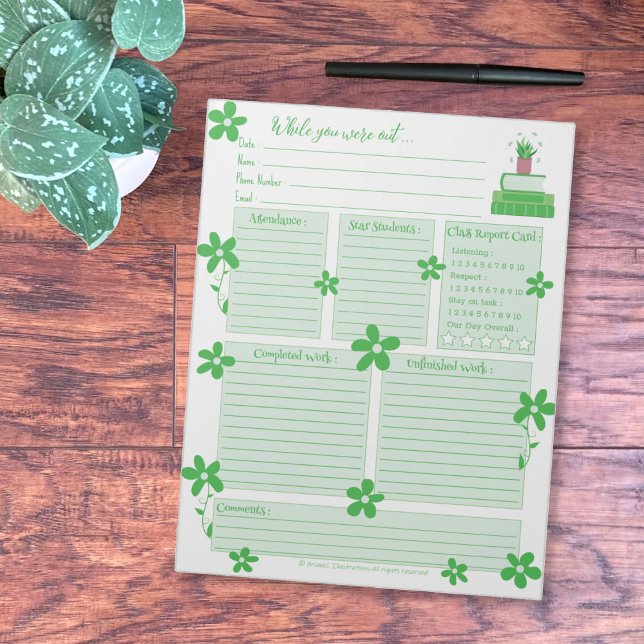 Bloco De Notas Green Plant and Books Substitute Report Notepad (While you were out green notepad for teachers .)