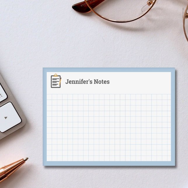 Bloco De Notas Grelha de Gráfico com Área de Transferência e Cane (Graph Grid with Clipboard and Pen Blue Post-it Notes)