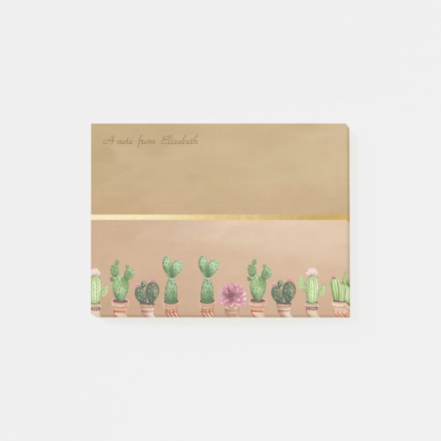 Bloco De Notas Grelha Dourada Chic Elegante, Cactus Watercolor (Frente)