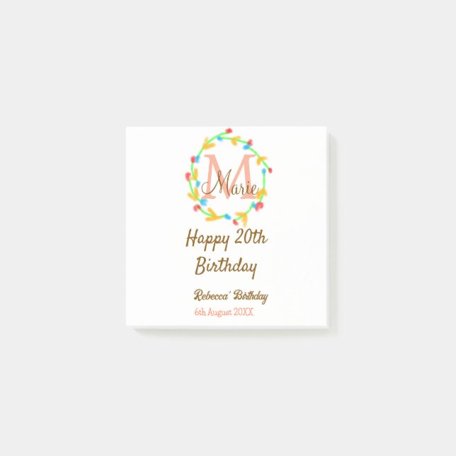 Bloco De Notas Happy 20th Birthday red add name monogram wreath (Frente)