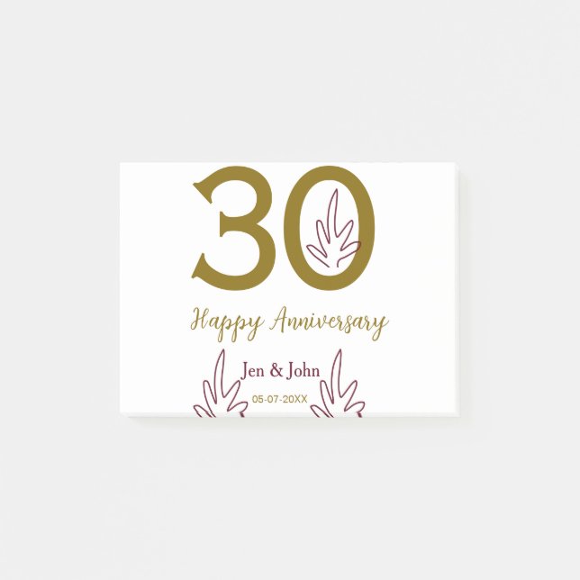 Bloco De Notas Happy 30th anniversary name date golden red leaf (Frente)