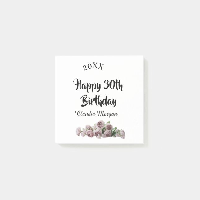 Bloco De Notas Happy 30th birthday pink white mauve floral name y (Frente)