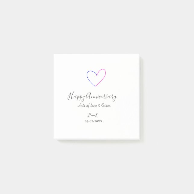 Bloco De Notas Happy anniversary pink blue heart name date simple (Frente)