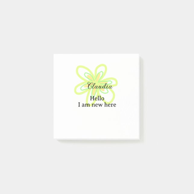 Bloco De Notas Hello I am new here name yellow green flower kids (Frente)