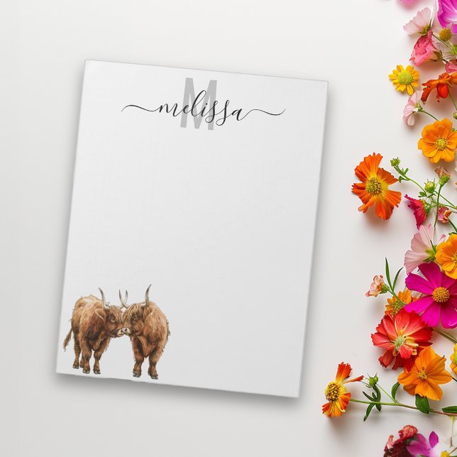 Bloco De Notas Highland Cows Watercolor Monographic Name Notepad (Criador carregado)