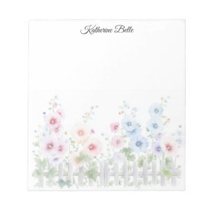 Bloco De Notas Hollyhocks & Cerca de Madeira Rústica Aquarela