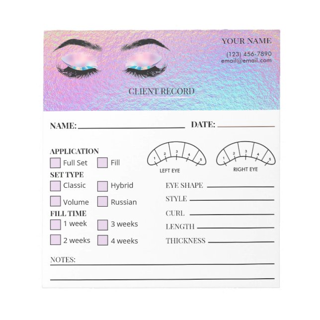 Bloco De Notas Holographic Eyelash Client Record Form (Frente)