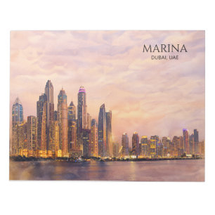 Bloco De Notas Horizonte de Dubai Marina Aquarela Luzes da Cidade