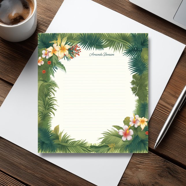 Bloco De Notas Ilustração de Flores Tropicais Verdes e Folhas (Green Tropical Flowers & Leaves Illustration Notepad)