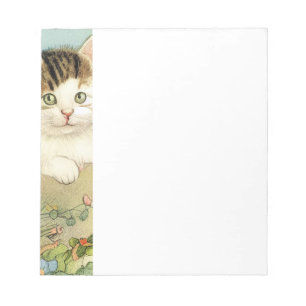 Bloco De Notas Ilustração de Gato Vintage com Flores Rosa