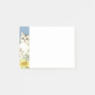 Bloco De Notas Ilustração Vintage Kitten com Flores Amarelas
