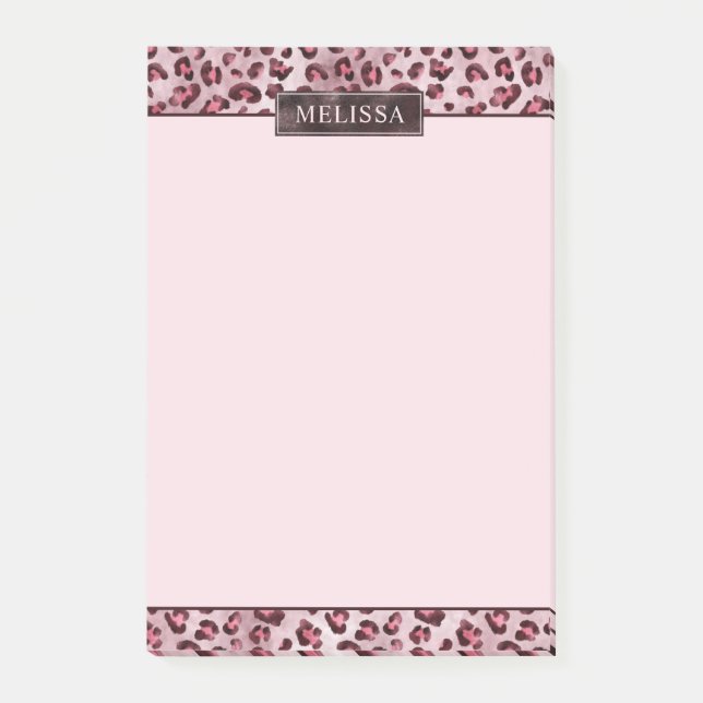 Bloco De Notas Impressão de Animal Leopardo Rosa Com Nome e Folha (Frente)