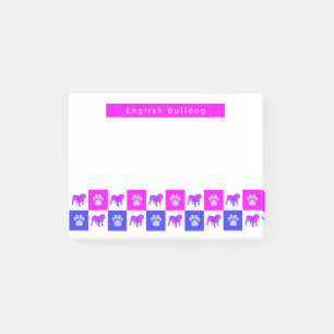 Bloco De Notas Inglês Buldogue & Paw Quente Rosa & Azul Silhout