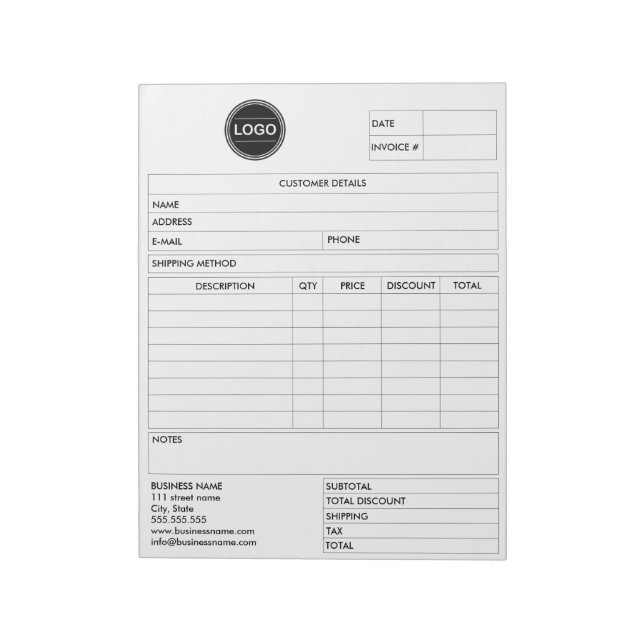 Bloco De Notas Invoice Business Sales Form Receipt, Add Logo (Invertido)