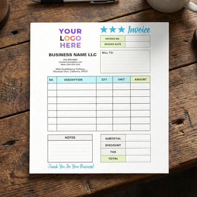 Bloco De Notas Invoice Sales Receipt Form | Custom Business Logo (personalized order forms, small business stationery)