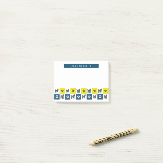 Bloco De Notas Jack Russell Cachorro & Pata Amarelo&Azul Grade Si (Na mesa)