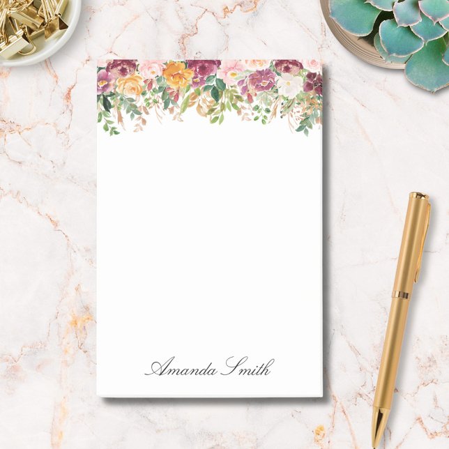 Bloco De Notas Jardim de Flores de Rosa em Aquarela com Monograma (In situ)