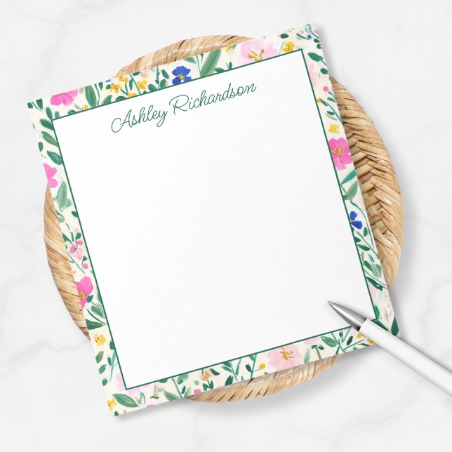 Bloco De Notas Jardim Floral Personalizado (colorful fun floral garden notepad personalized with custom name monogram in calligraphy script)