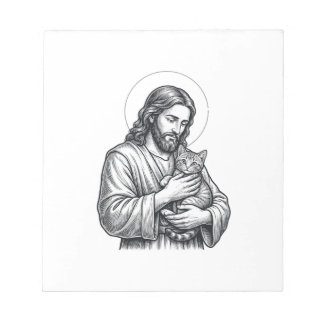 Bloco De Notas Jesus Antigo Segurando Gato Gravura Gráfico_1