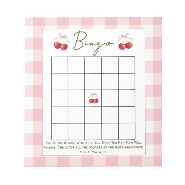 Bloco De Notas Jogo de chá de bebê Bingo Cherry Sweet  (Frente)