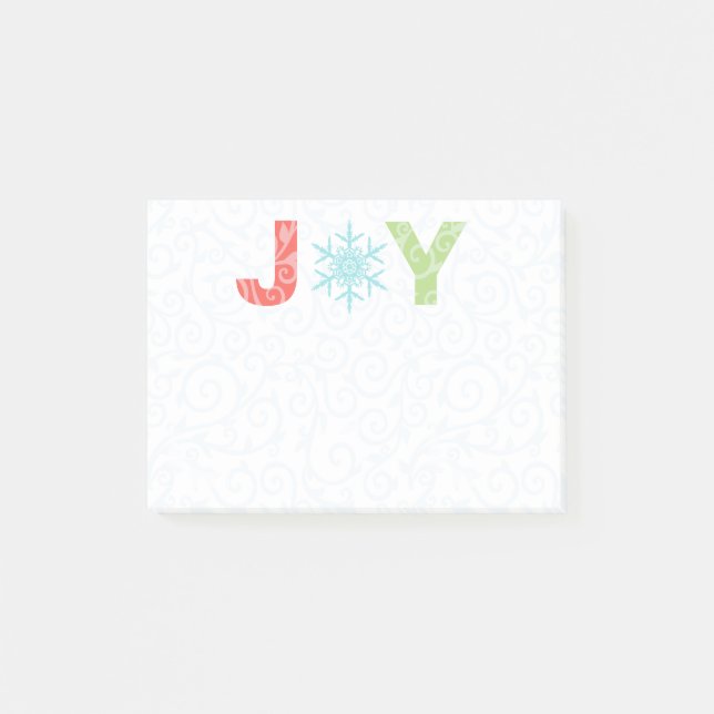 Bloco De Notas Joy Snowflake Pastel Red Damask Holiday 4" x 3" (Frente)