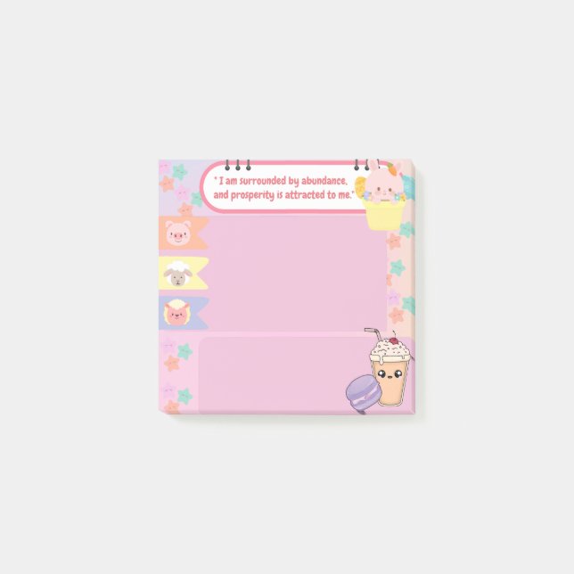 Bloco De Notas Kawaii Cute Motivational, Rosa e Roxo (Frente)