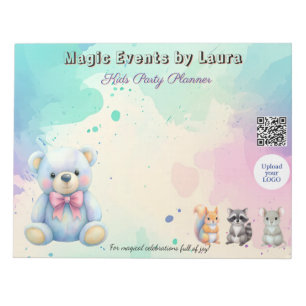 Bloco De Notas Kids Party Planner Pastel Teddy Bear Logotipo QR