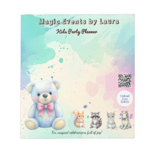 Bloco De Notas Kids Party Planner Pastel Teddy Bear Logotipo QR
