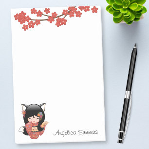 Bloco De Notas Kitsune Kokeshi Doll - Rapariga Negra Fox Geisha