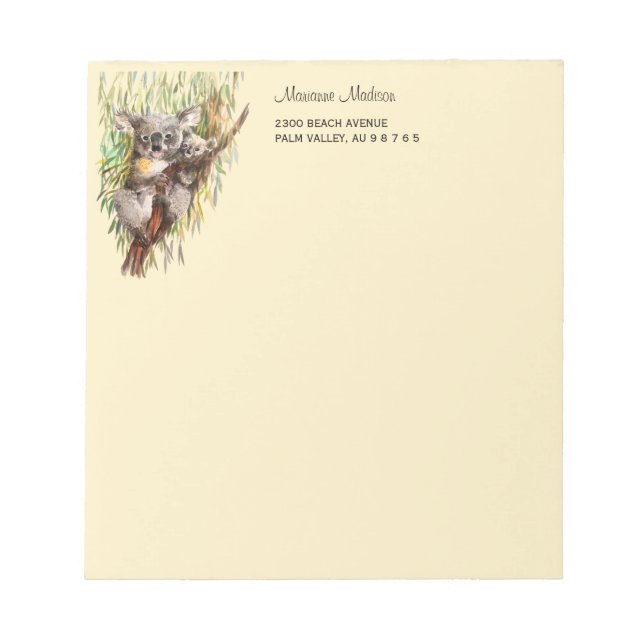 Bloco De Notas Koala com bebê pintado com tons de sépia aquosa (Frente)