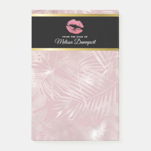 Bloco De Notas Lábios brilhantes cor-de-rosa e folhas tropicais D
