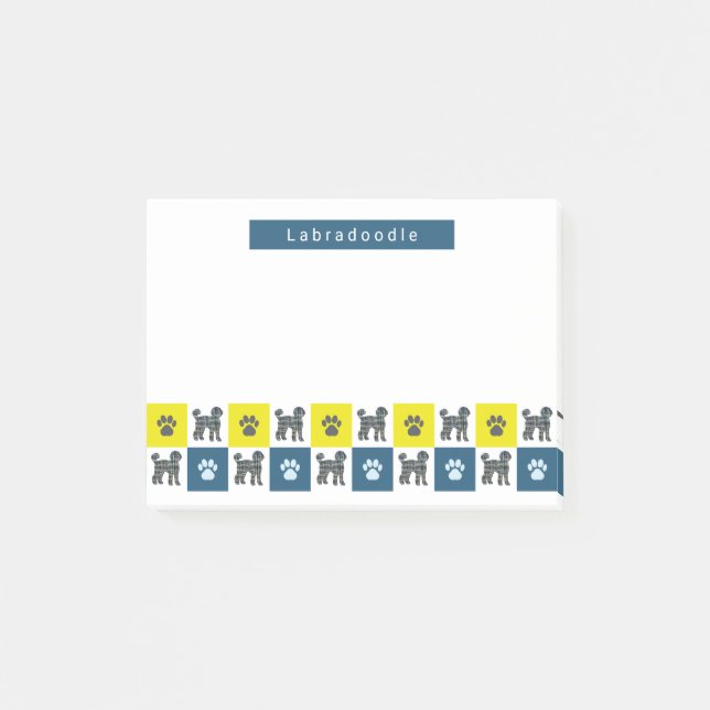 Bloco De Notas Labradoodle Dog & Paw Yellow & Blue Grid (Frente)