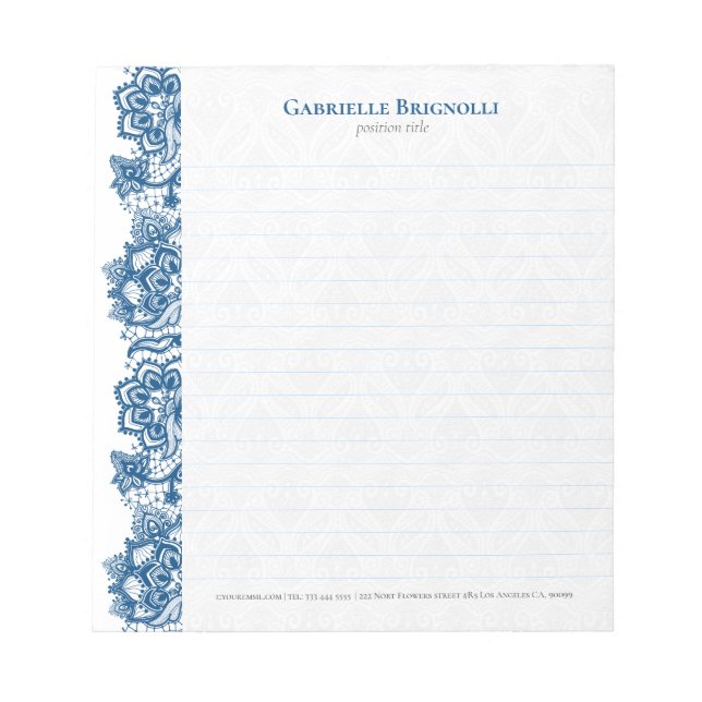 Bloco De Notas Lace floral da safra azul (Frente)