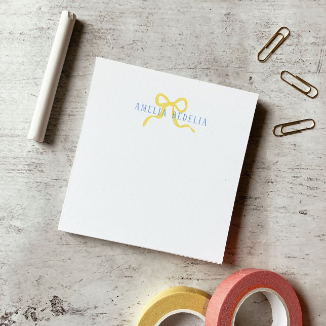 Bloco De Notas Laço Amarelo Doce Azul Personalizado (Sweet Yellow Bow Blue Personalized Post-it Notes)